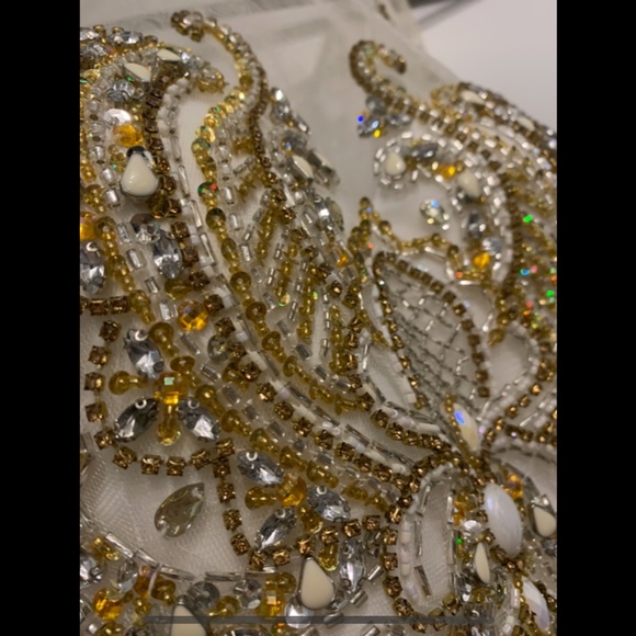 Cream/white A-line prom dress with gold/yellow rhinestones - Picture 4 of 14